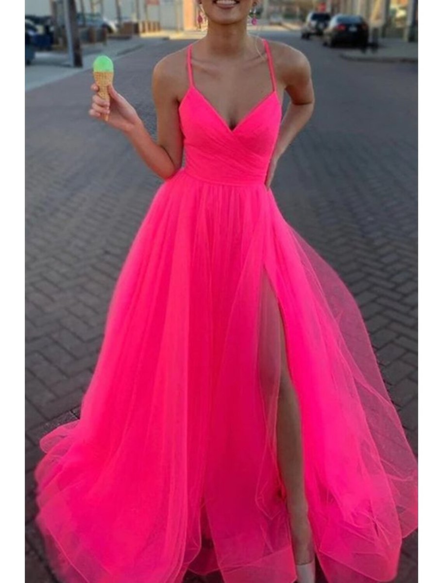 NumberSea - A - Line Prom Dresses Sexy Dress Wedding Party Birthday Court Train Sleeveless Spaghetti Strap Organza with Slit