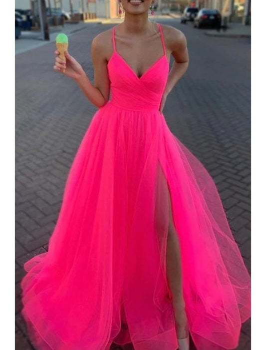 NumberSea - A - Line Prom Dresses Sexy Dress Wedding Party Birthday Court Train Sleeveless Spaghetti Strap Organza with Slit