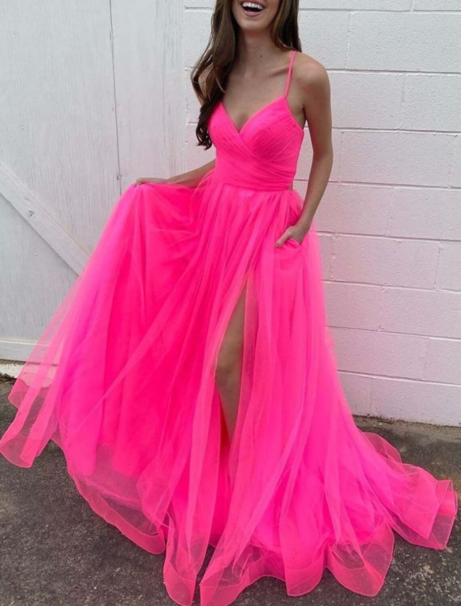 NumberSea - A - Line Prom Dresses Sexy Dress Wedding Party Birthday Court Train Sleeveless Spaghetti Strap Organza with Slit