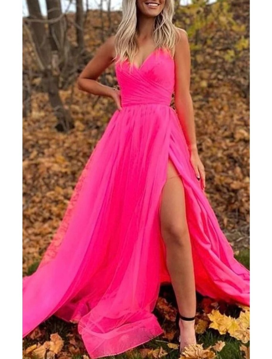 NumberSea - A - Line Prom Dresses Sexy Dress Wedding Party Birthday Court Train Sleeveless Spaghetti Strap Organza with Slit