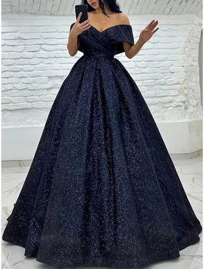 NumberSea - A - Line Prom Dresses Sparkle Black Champagne Gold Dress Black Tie Carival Sweep / Brush Train Short Sleeve Off Shoulder Sequined with Glitter Pleats