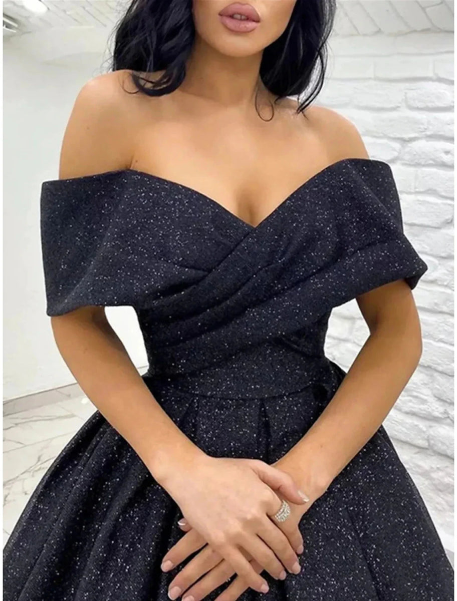 NumberSea - A - Line Prom Dresses Sparkle Black Champagne Gold Dress Black Tie Carival Sweep / Brush Train Short Sleeve Off Shoulder Sequined with Glitter Pleats