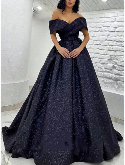 NumberSea - A - Line Prom Dresses Sparkle Black Champagne Gold Dress Black Tie Carival Sweep / Brush Train Short Sleeve Off Shoulder Sequined with Glitter Pleats