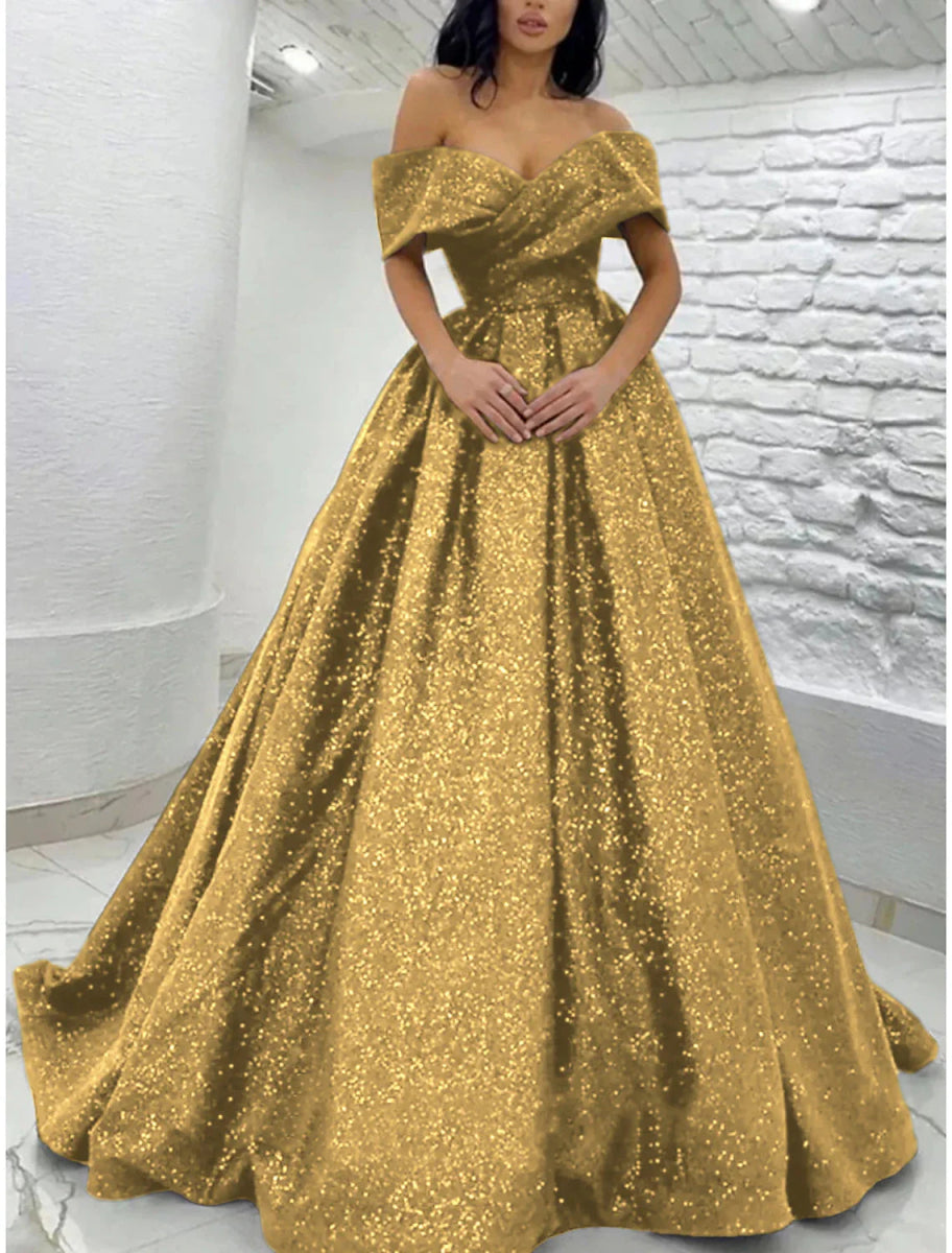 NumberSea - A - Line Prom Dresses Sparkle Black Champagne Gold Dress Black Tie Carival Sweep / Brush Train Short Sleeve Off Shoulder Sequined with Glitter Pleats