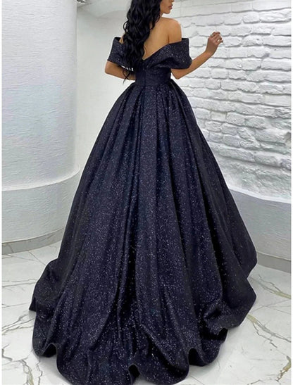 NumberSea - A - Line Prom Dresses Sparkle Black Champagne Gold Dress Black Tie Carival Sweep / Brush Train Short Sleeve Off Shoulder Sequined with Glitter Pleats