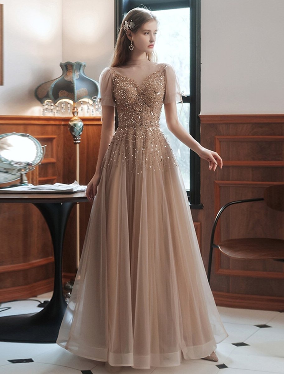 NumberSea - A - Line Prom Dresses Sparkle Dress Engagement Floor Length Sleeveless High Neck Tulle with Bow(s) Beading Sequin