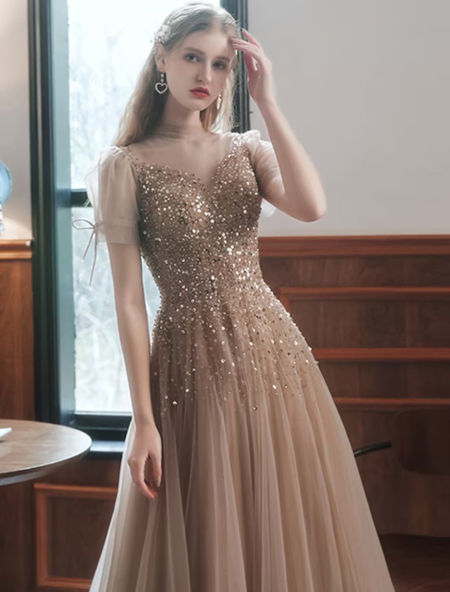 NumberSea - A - Line Prom Dresses Sparkle Dress Engagement Floor Length Sleeveless High Neck Tulle with Bow(s) Beading Sequin