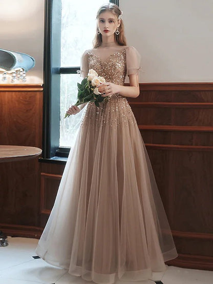 NumberSea - A - Line Prom Dresses Sparkle Dress Engagement Floor Length Sleeveless High Neck Tulle with Bow(s) Beading Sequin