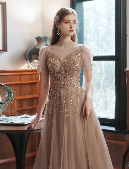 NumberSea - A - Line Prom Dresses Sparkle Dress Engagement Floor Length Sleeveless High Neck Tulle with Bow(s) Beading Sequin