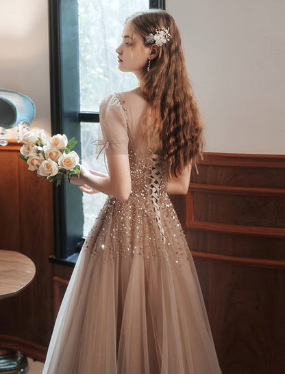 NumberSea - A - Line Prom Dresses Sparkle Dress Engagement Floor Length Sleeveless High Neck Tulle with Bow(s) Beading Sequin