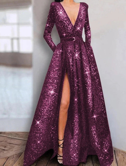 NumberSea - A - Line Prom Dresses Sparkle Dress Wedding Guest Engagement Floor Length Long Sleeve V Neck Stretch Satin with Sequin Slit