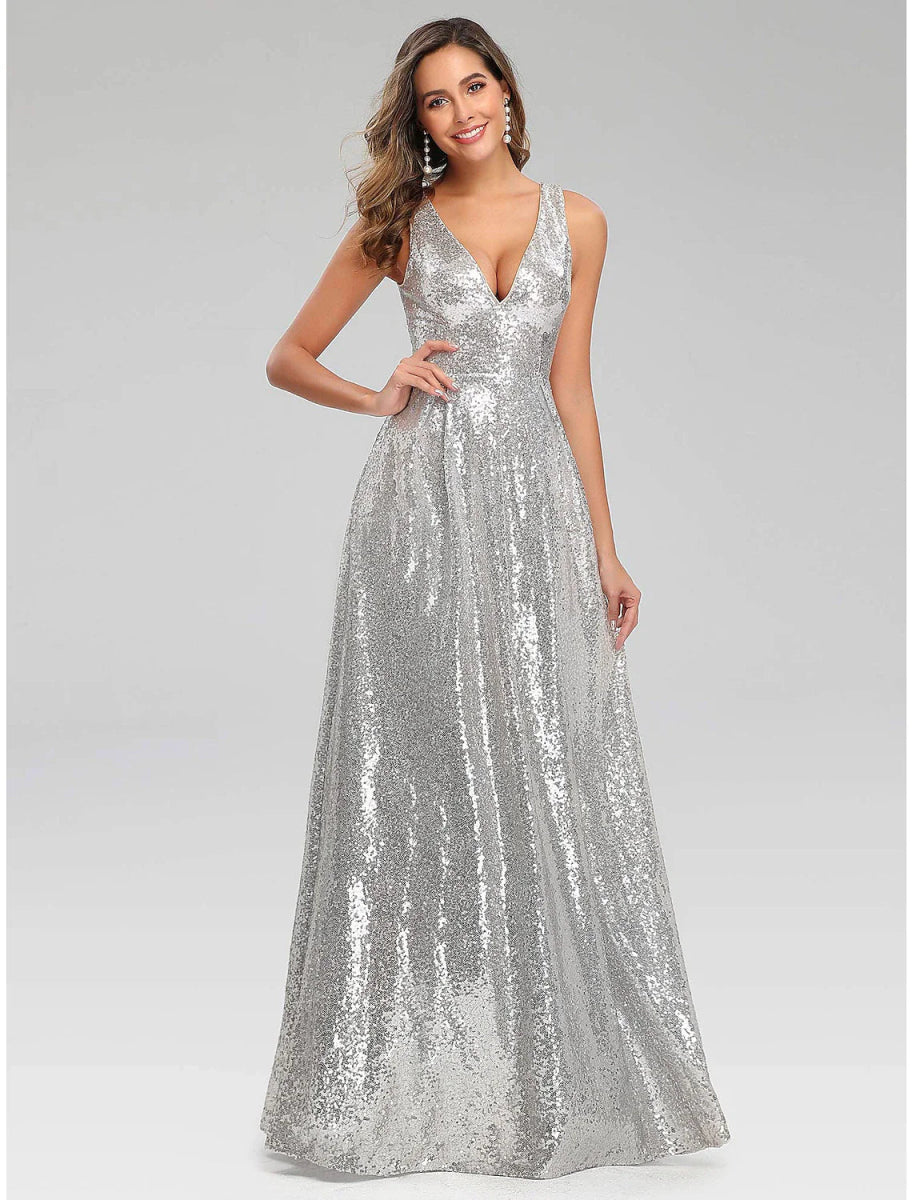 NumberSea - A - Line Prom Dresses Sparkle Dress Wedding Guest Engagement Floor Length Sleeveless V Neck Polyester V Back with Sequin