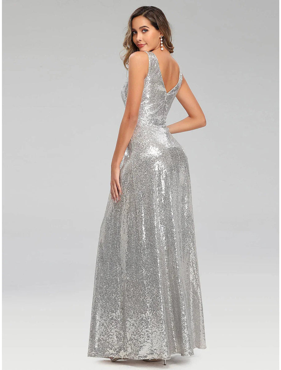 NumberSea - A - Line Prom Dresses Sparkle Dress Wedding Guest Engagement Floor Length Sleeveless V Neck Polyester V Back with Sequin