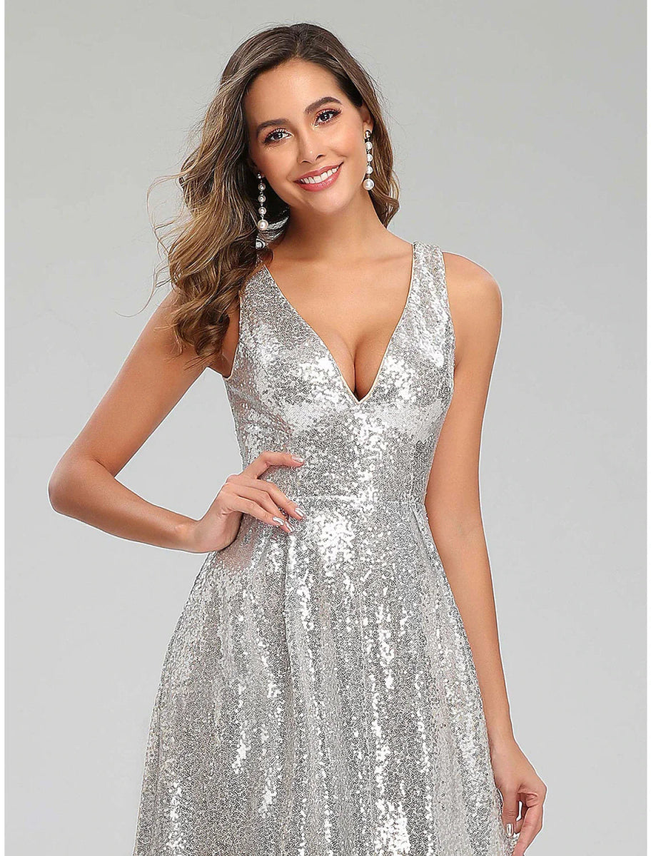 NumberSea - A - Line Prom Dresses Sparkle Dress Wedding Guest Engagement Floor Length Sleeveless V Neck Polyester V Back with Sequin