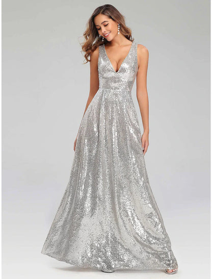 NumberSea - A - Line Prom Dresses Sparkle Dress Wedding Guest Engagement Floor Length Sleeveless V Neck Polyester V Back with Sequin