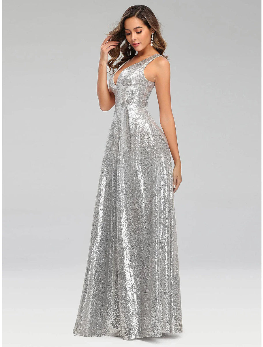 NumberSea - A - Line Prom Dresses Sparkle Dress Wedding Guest Engagement Floor Length Sleeveless V Neck Polyester V Back with Sequin