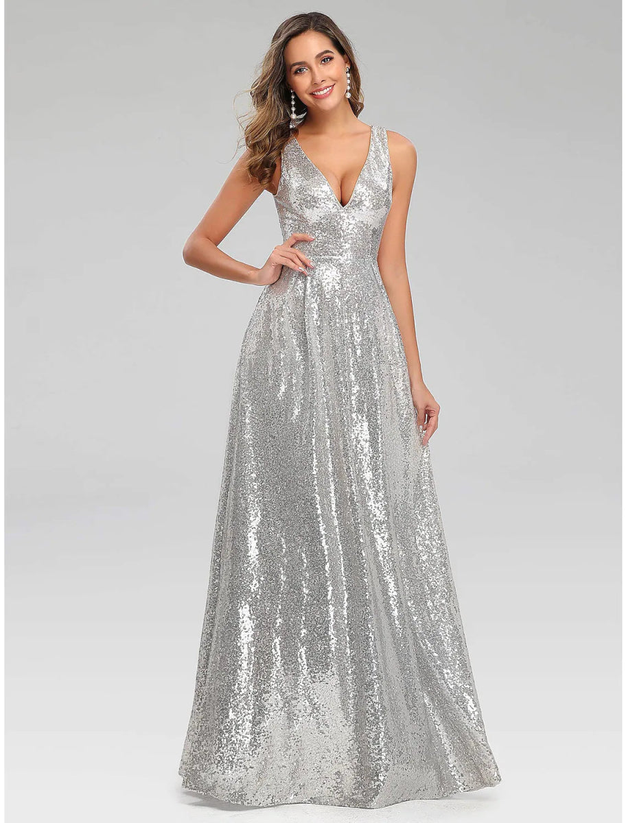 NumberSea - A - Line Prom Dresses Sparkle Dress Wedding Guest Floor Length Sleeveless V Neck Polyester V Back with Sequin