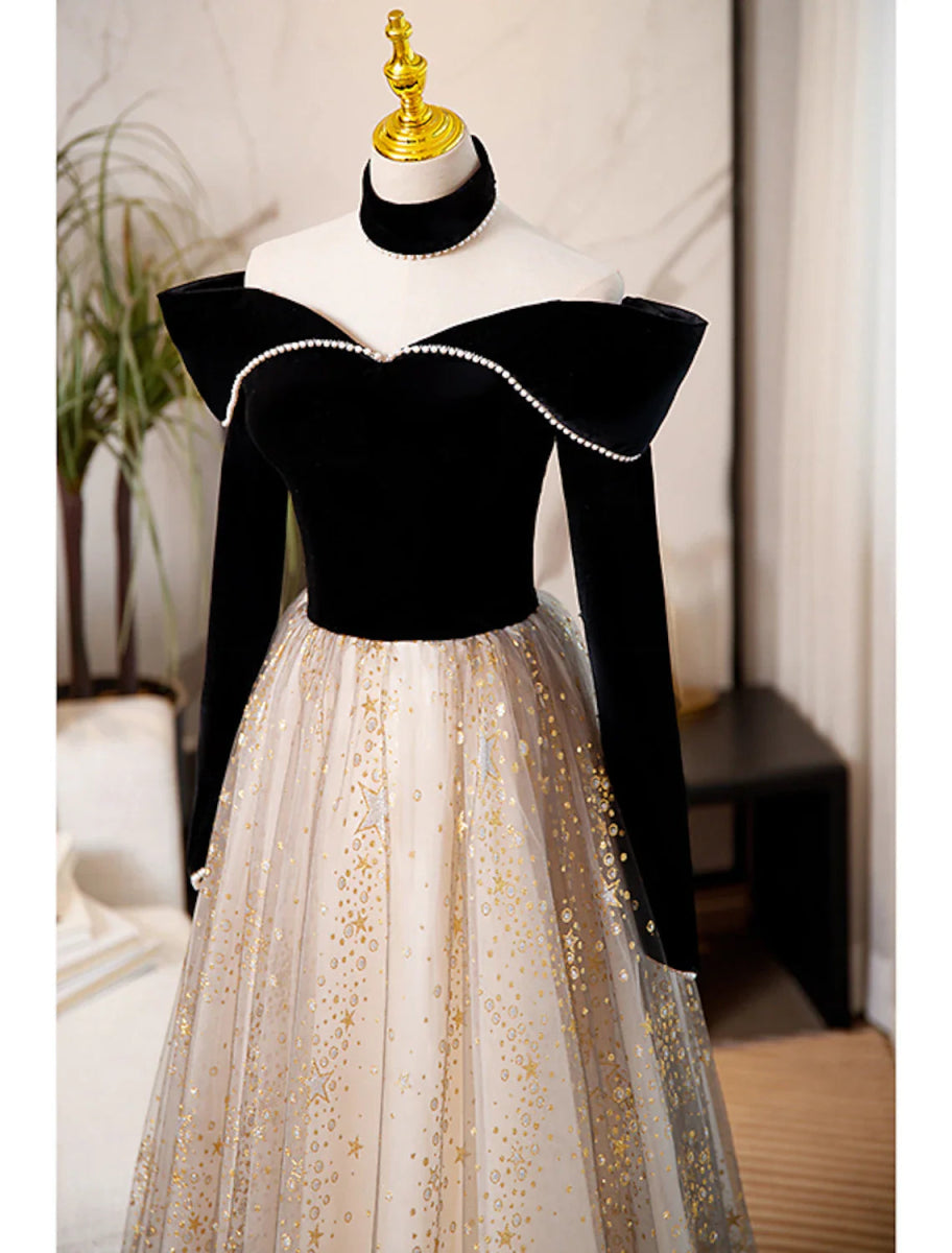 NumberSea - A - Line Prom Dresses Sparkle & Shine Dress Engagement Birthday Floor Length Long Sleeve Sweetheart Tulle with Sequin