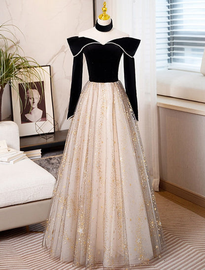 NumberSea - A - Line Prom Dresses Sparkle & Shine Dress Engagement Birthday Floor Length Long Sleeve Sweetheart Tulle with Sequin