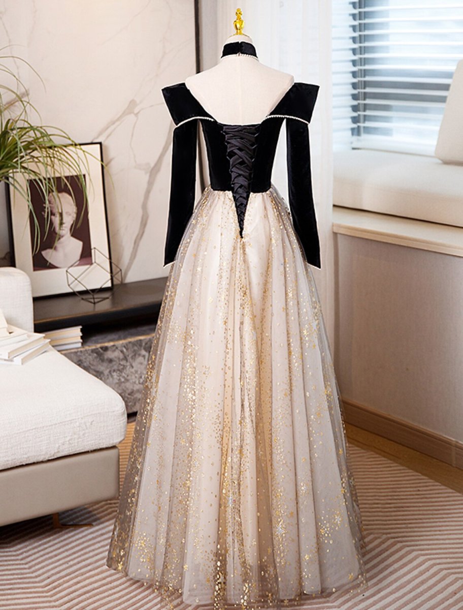 NumberSea - A - Line Prom Dresses Sparkle & Shine Dress Engagement Floor Length Long Sleeve Sweetheart Tulle with Sequin