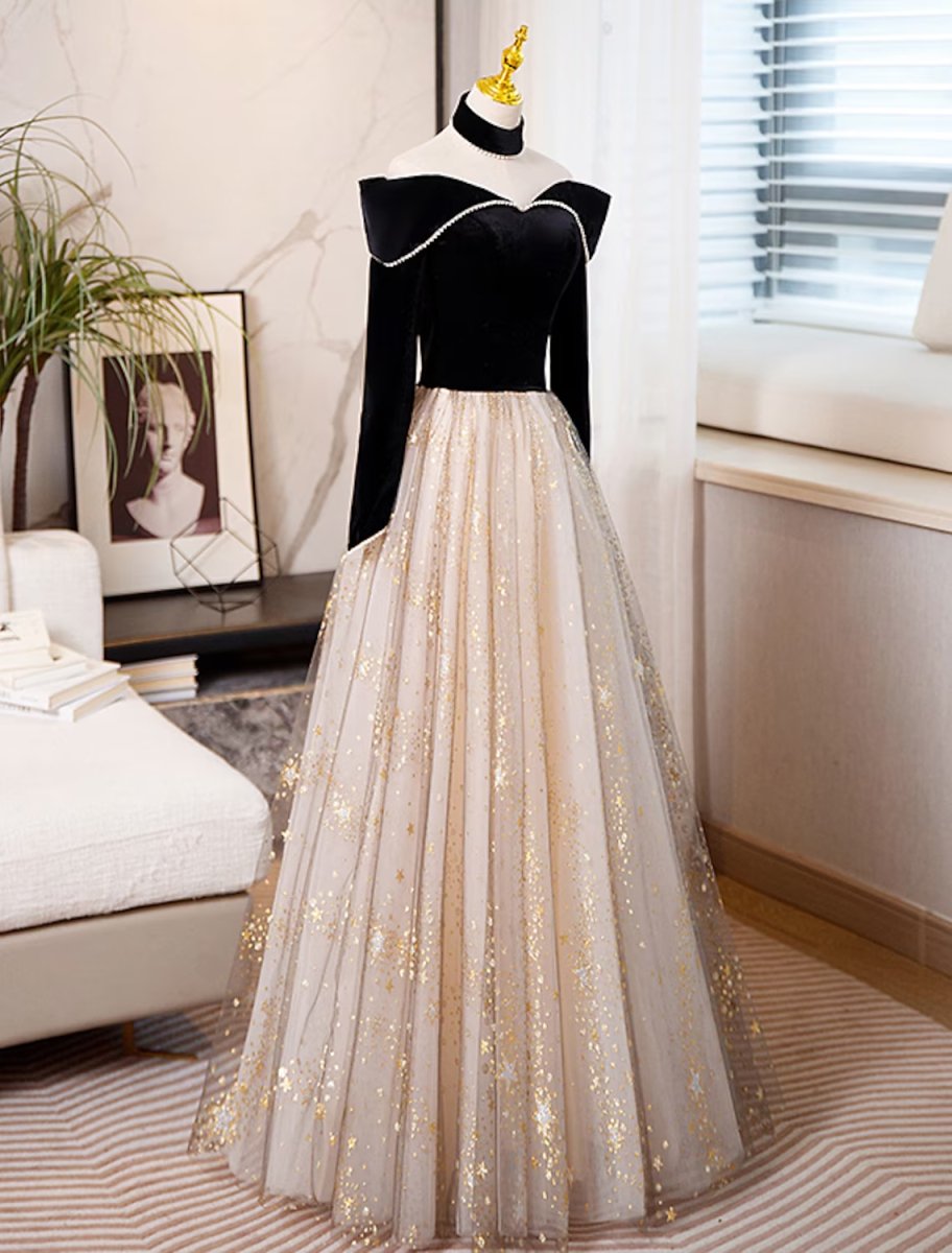 NumberSea - A - Line Prom Dresses Sparkle & Shine Dress Engagement Floor Length Long Sleeve Sweetheart Tulle with Sequin