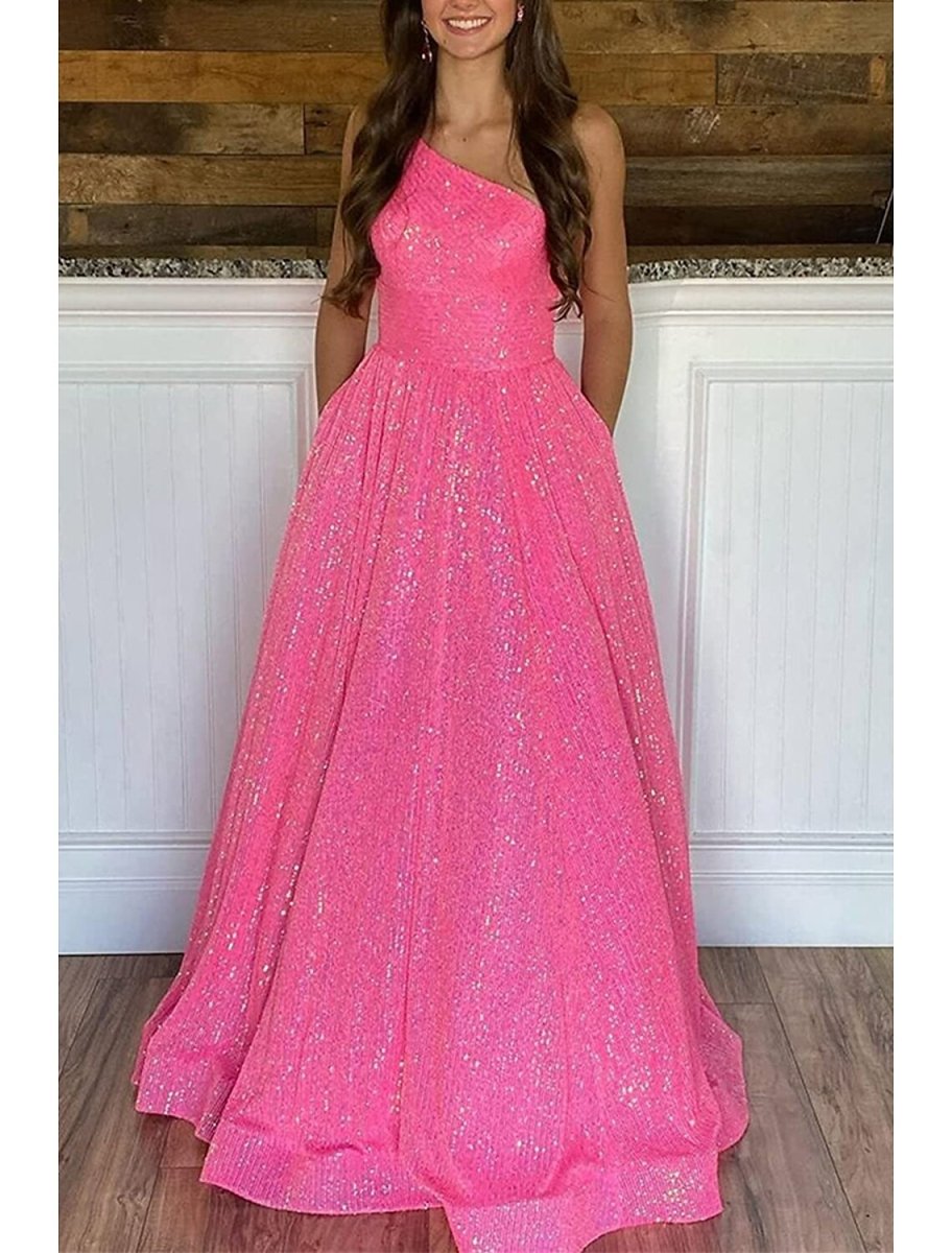 NumberSea - A - Line Prom Dresses Sparkle & Shine Dress Formal Floor Length Sleeveless One Shoulder Sequined Backless with Pleats Sequin