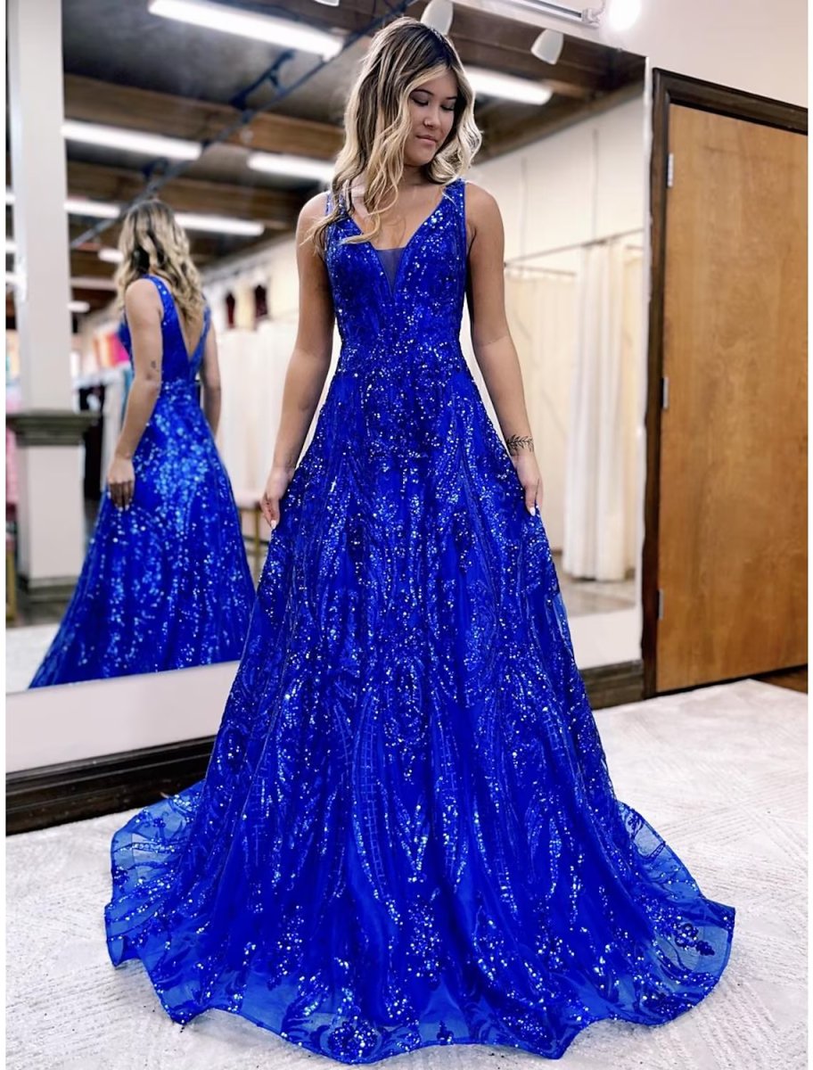 NumberSea - A - Line Prom Dresses Sparkle & Shine Dress Formal Floor Length Sleeveless V Neck Sequined V Back with Sequin