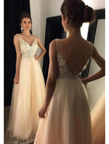 NumberSea - A - Line Prom Dresses Sparkle & Shine Dress Formal Floor Length Sleeveless V Neck Tulle V Back with Beading Appliques