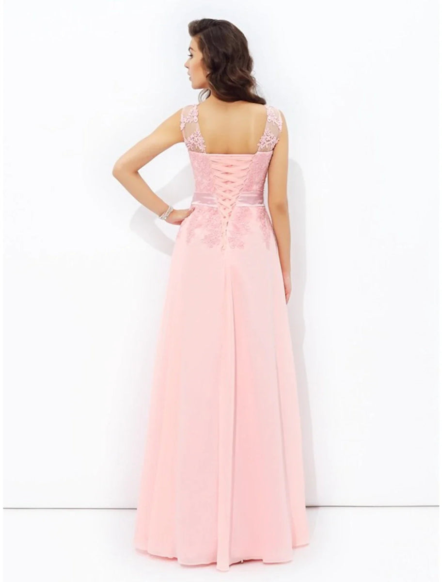 NumberSea - A - Line Prom Dresses Sparkle & Shine Dress Formal Wedding Guest Floor Length Sleeveless Jewel Neck Chiffon with Appliques