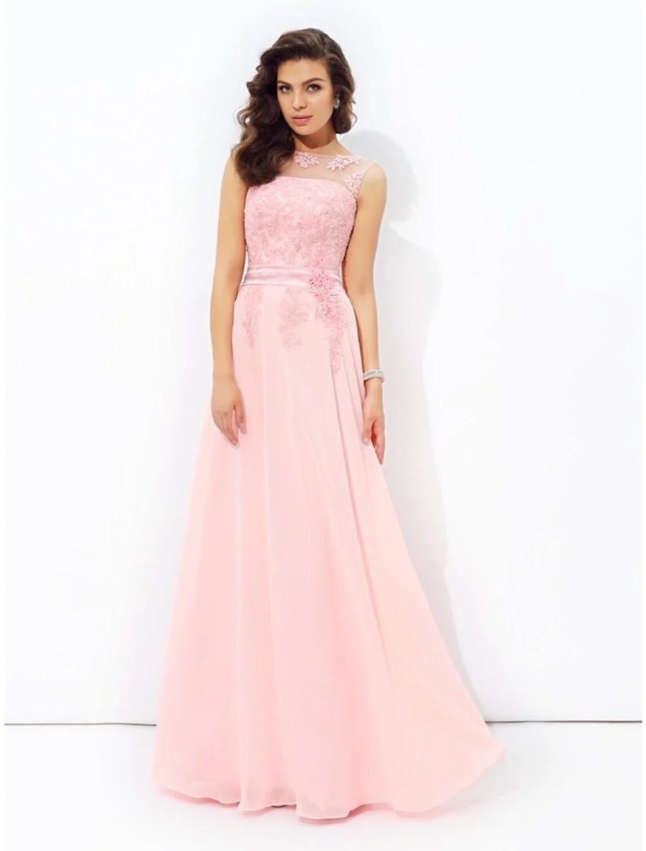 NumberSea - A - Line Prom Dresses Sparkle & Shine Dress Formal Wedding Guest Floor Length Sleeveless Jewel Neck Chiffon with Appliques