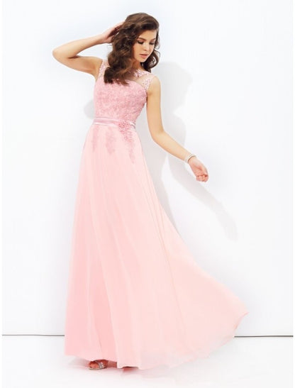 NumberSea - A - Line Prom Dresses Sparkle & Shine Dress Formal Wedding Guest Floor Length Sleeveless Jewel Neck Chiffon with Appliques