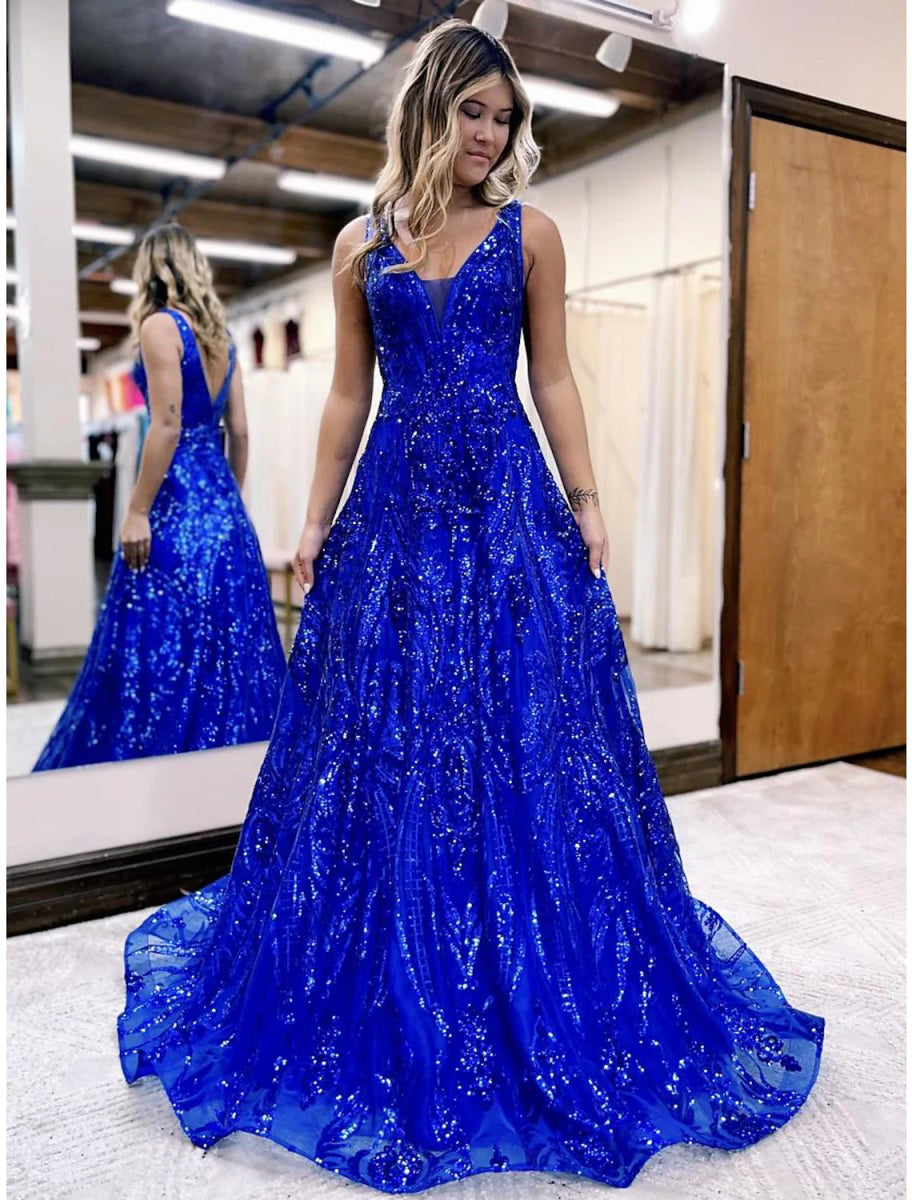 NumberSea - A - Line Prom Dresses Sparkle & Shine Dress Formal Wedding Party Floor Length Sleeveless V Neck Sequined V Back with Sequin