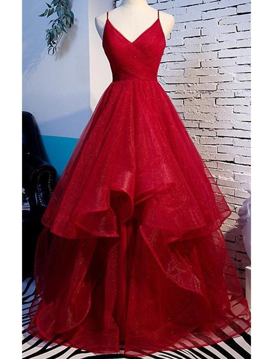 NumberSea - A - Line Prom Dresses Sparkle & Shine Dress Party Wear Wedding Guest Floor Length Sleeveless Spaghetti Strap Tulle with Ruffles