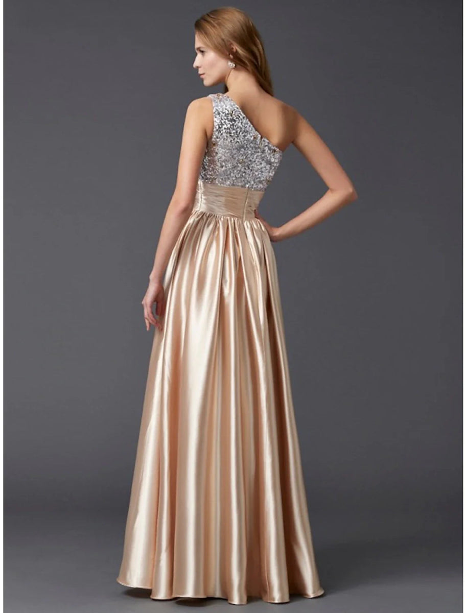 NumberSea - A - Line Prom Dresses Sparkle & Shine Dress Party Wear Wedding Party Floor Length Sleeveless One Shoulder Charmeuse with Pleats Sequin