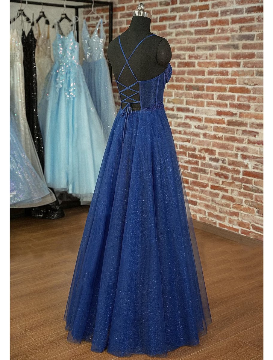 NumberSea - A - Line Prom Dresses Sparkle & Shine Dress Prom Floor Length Sleeveless Sweetheart Tulle Backless with Pleats Appliques