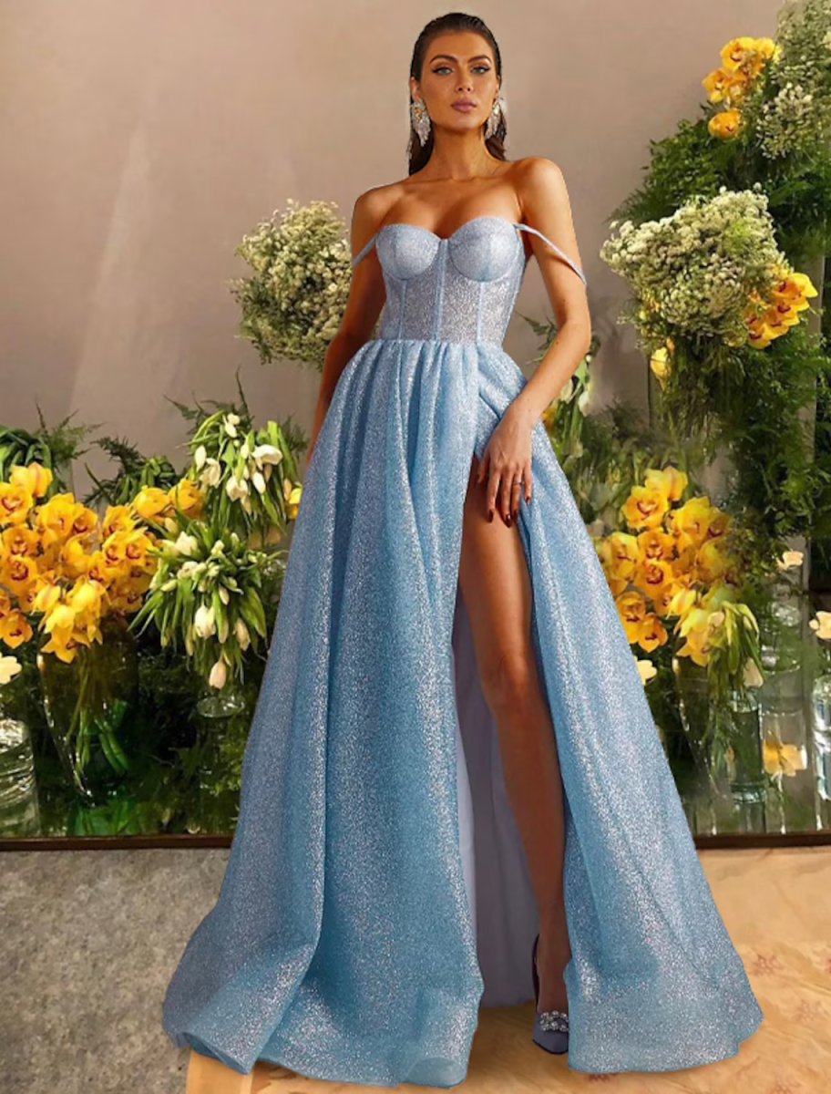 NumberSea - A - Line Prom Dresses Sparkle & Shine Dress Prom Floor Length Sleeveless Sweetheart Tulle with Glitter Pleats Slit