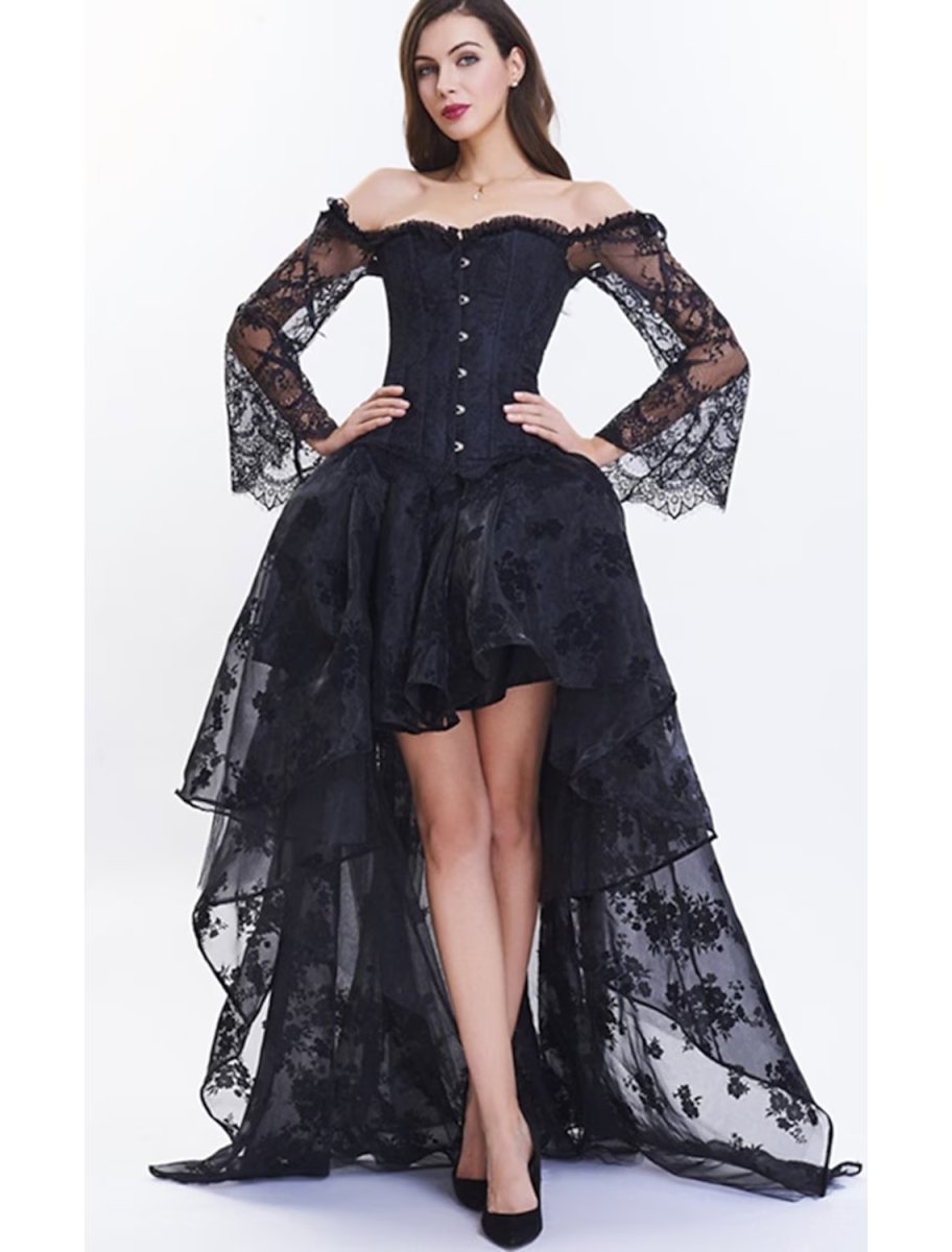 NumberSea - A - Line Prom Dresses Vintage Dress Masquerade Asymmetrical Long Sleeve Off Shoulder Lace with Appliques