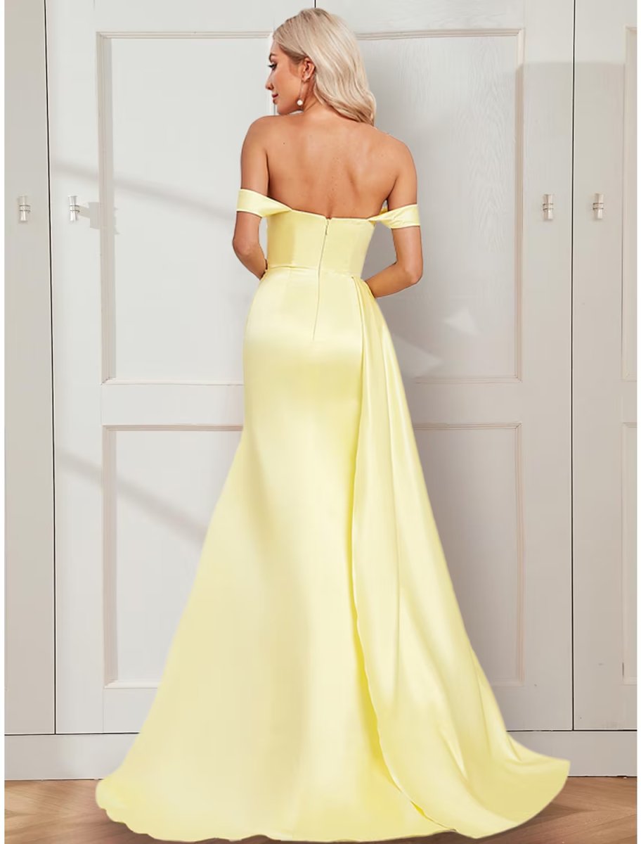 NumberSea - A - Line Prom Dresses Vintage Dress Party Wear Court Train Sleeveless Off Shoulder Stretch Satin with Ruched Slit