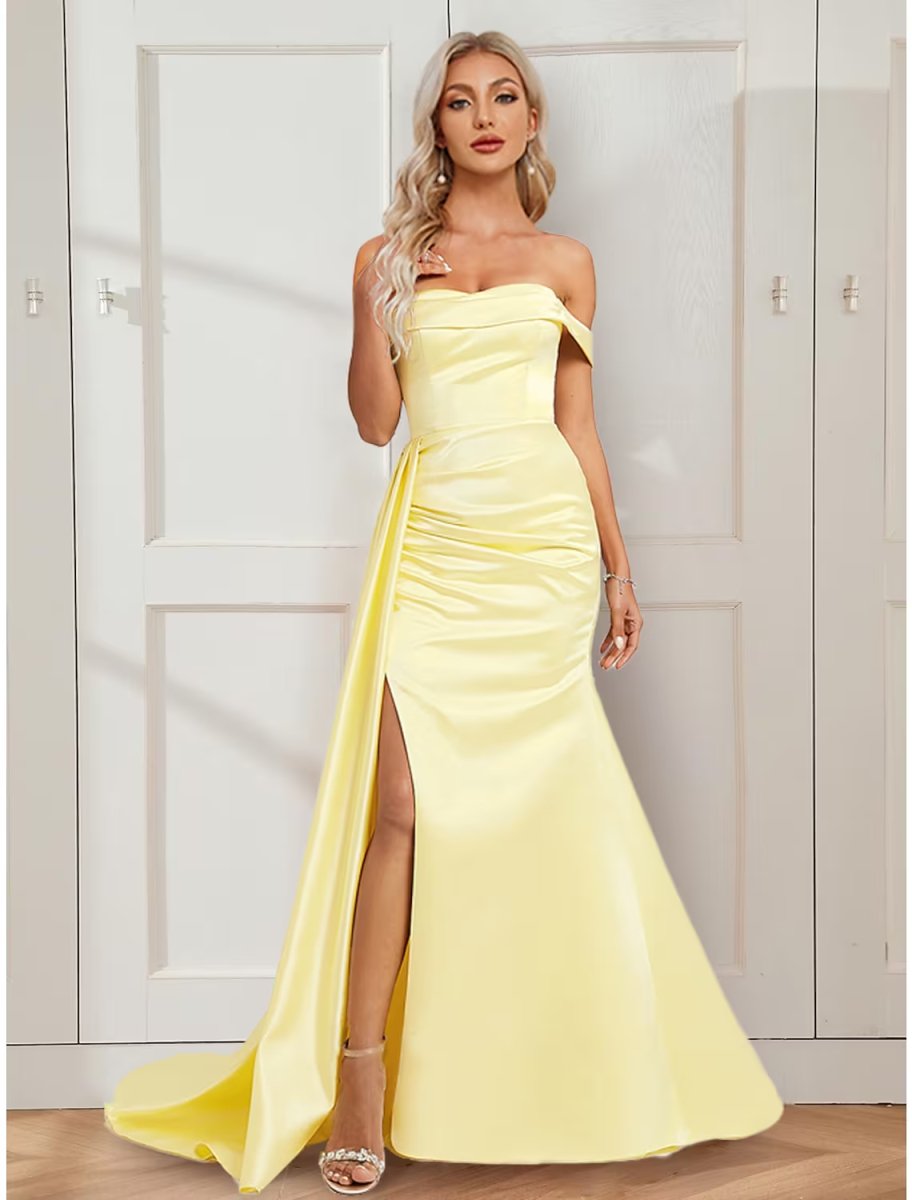 NumberSea - A - Line Prom Dresses Vintage Dress Party Wear Court Train Sleeveless Off Shoulder Stretch Satin with Ruched Slit