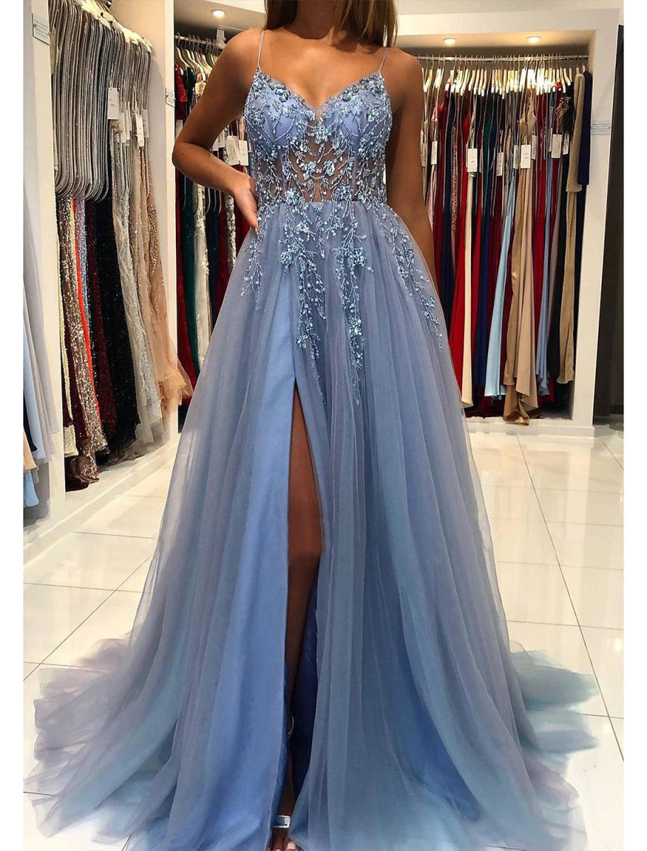 NumberSea - A - Line Prom Party Dress Princess Dress Formal Prom Court Train Sleeveless V Neck Tulle with Beading