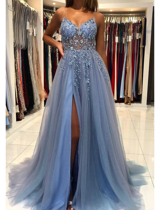 NumberSea - A - Line Prom Party Dress Princess Dress Formal Prom Court Train Sleeveless V Neck Tulle with Beading