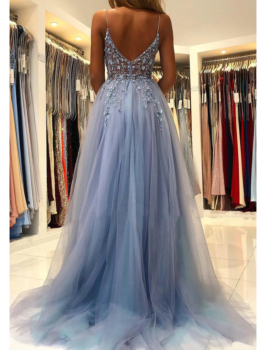 NumberSea - A - Line Prom Party Dress Princess Dress Formal Prom Court Train Sleeveless V Neck Tulle with Beading