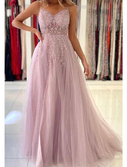 NumberSea - A - Line Prom Party Dress Princess Dress Formal Prom Court Train Sleeveless V Neck Tulle with Beading