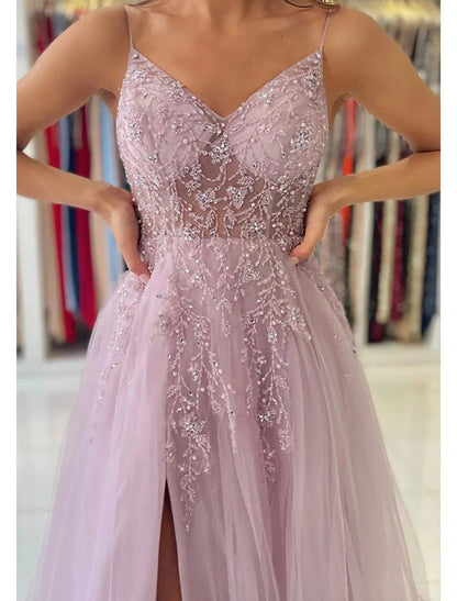 NumberSea - A - Line Prom Party Dress Princess Dress Formal Prom Court Train Sleeveless V Neck Tulle with Beading