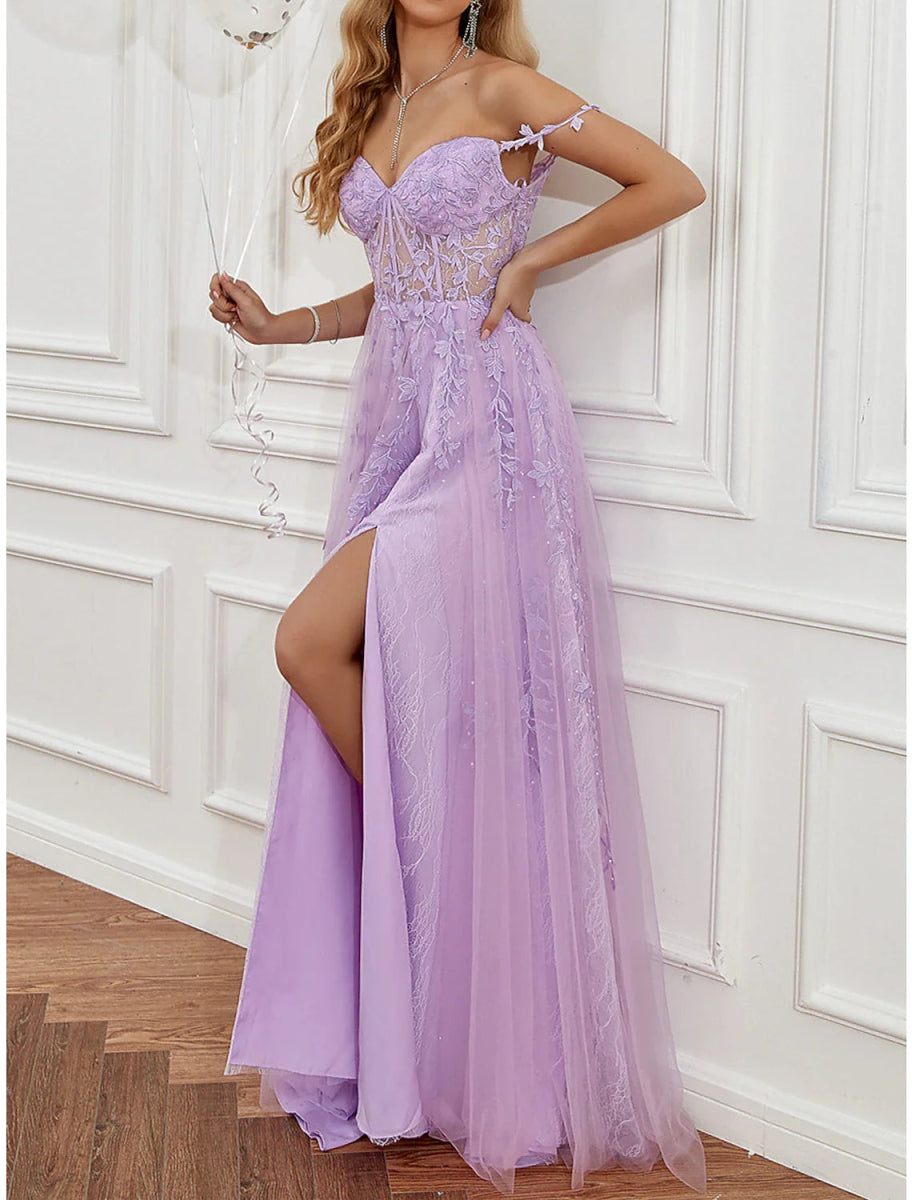 NumberSea - A - Line Prom Party Dress See Through Dress Formal Prom Sweep / Brush Train Sleeveless Sweetheart Tulle Backless with Beading Slit Appliques