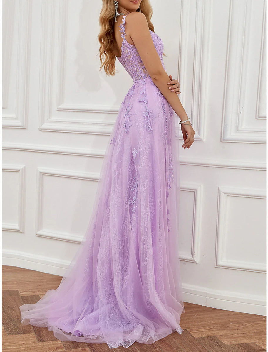 NumberSea - A - Line Prom Party Dress See Through Dress Formal Prom Sweep / Brush Train Sleeveless Sweetheart Tulle Backless with Beading Slit Appliques