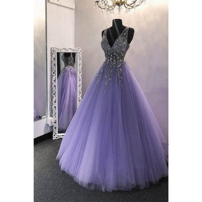 NumberSea - A - line Purple Tulle Beaded Long Prom Dress Formal Evening Gowns