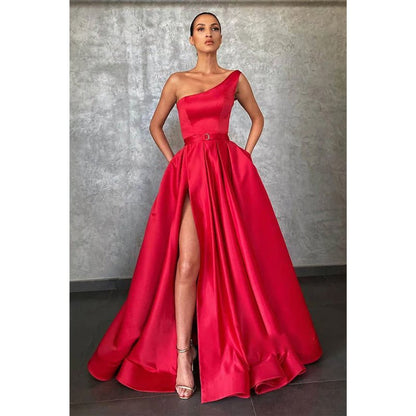 NumberSea - A - line Red Satin One Shoulde High Split Long Prom Dress with Pockets