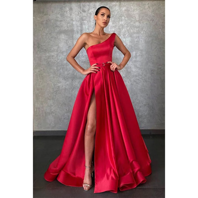 NumberSea - A - line Red Satin One Shoulde High Split Long Prom Dress with Pockets