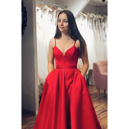 NumberSea - A - line Red Satin V - neck Sexy High Split Long Prom Dress with Pockets